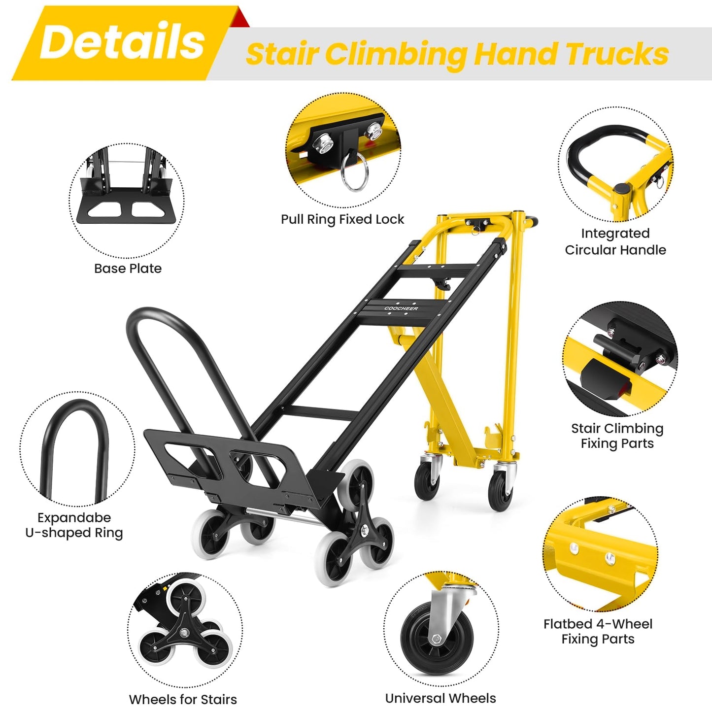 4-in-1 Hand Truck Dolly Heavy Duty Industrial Convertible, 1000 LBS Stair Climbing Cart Utility Cart Converts from Hand Trucks Dolly to Platform Cart Folding Stair Climbing Cart (Yellow)