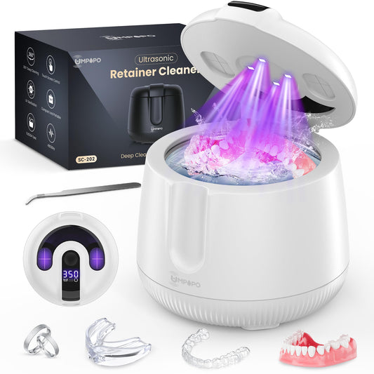 UMPOPO Ultrasonic Retainer Cleaner Machine 48kHz, Dental Cleaning Pod, Ultrasonic Retainer Cleaner for Dentures, Aligners, Mouth Guards, Toothbrush Heads and Jewelry with 200ML Capacity, LAB Supply