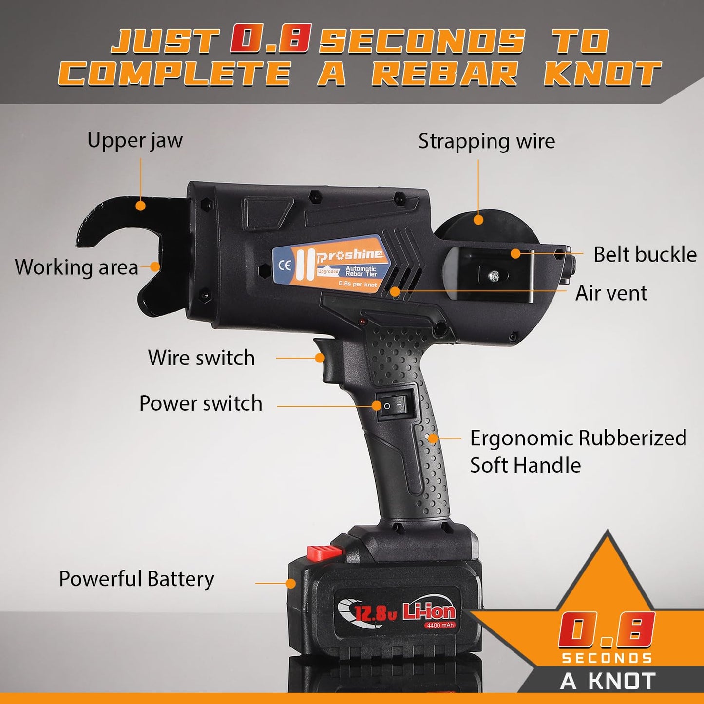 Proshine Rebar Tie Gun 0.3-1.3in/8-34mm Automatic Rebar Tying Tool 12.8V Rechargeable 4400mAh Battery Wire Coil 0.8S a Knot