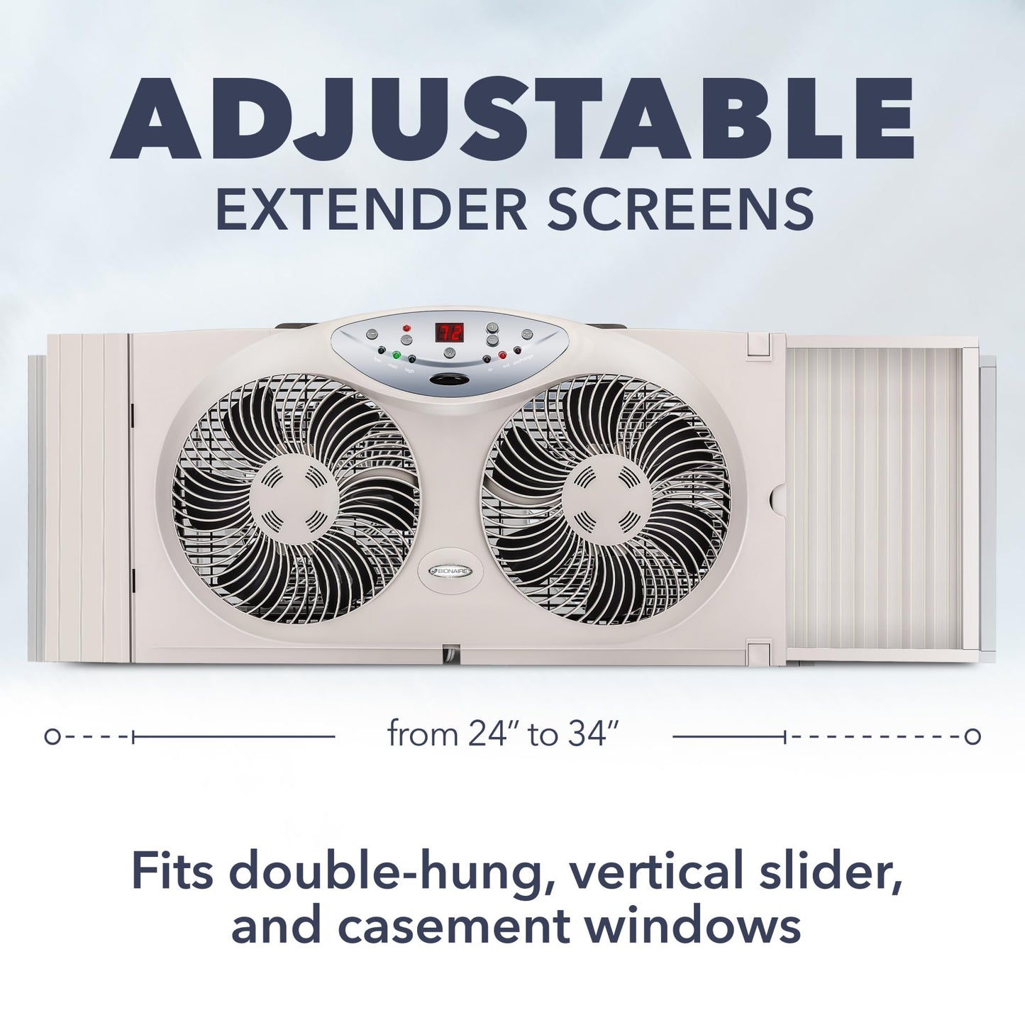 Bionaire Window Fan with Reversible Airflow Blades – 3-Speed Settings, Programmable Thermostat, LED Display, Remote Control, Fits 24–36" Windows, No Assembly Required