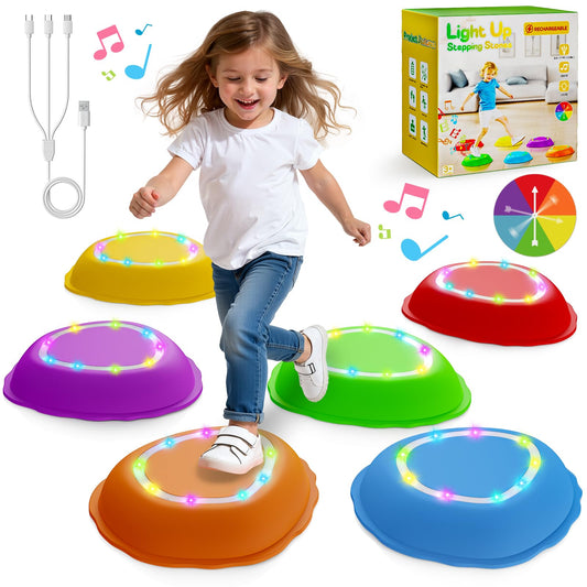 Scvcid Rechargeable Stepping Stones for Kids, 6pcs Music and Light Up Non-Slip Balance Sensory Toys for Toddler, Kids Indoor and Outdoor Play Equipment, Birthday Gifts Toys for 2 3 4 5+ Year Old Kids