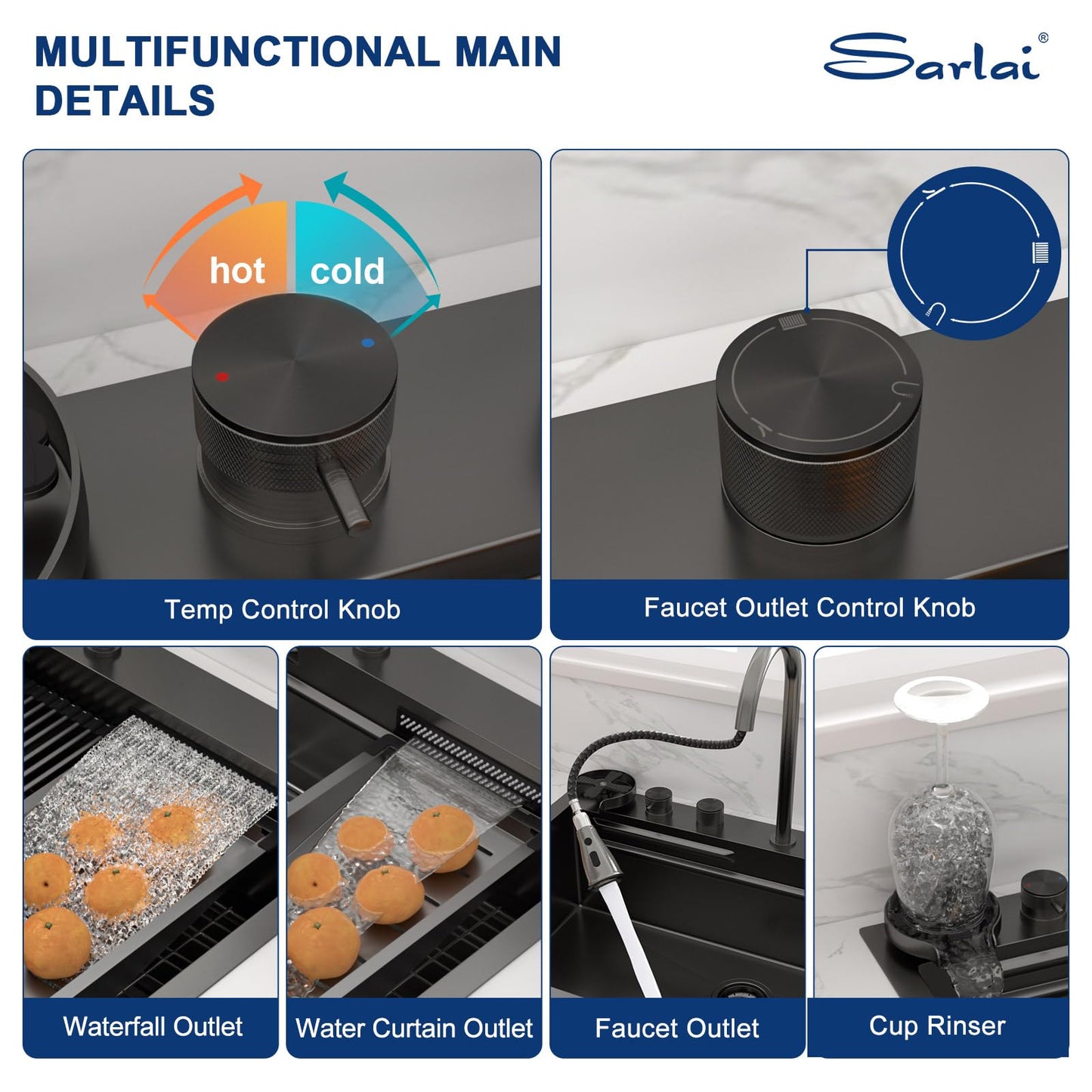 Sarlai Waterfall Kitchen Sink 30 Inch Black Drop In Kitchen Sink Topmount 16 Gauge Stainless Steel 30x22 Inch Single Bowl Multifuction Workstation Top Mount Sinks with Double Knob