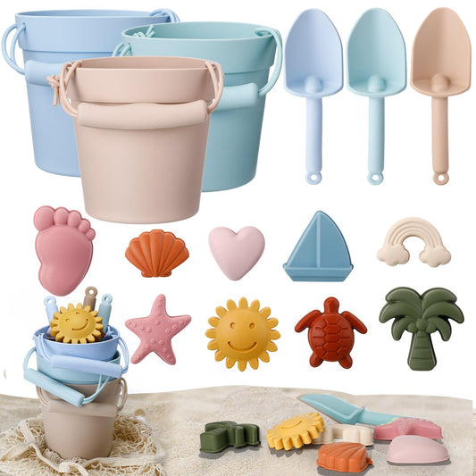 Hungdao 16 Pcs Silicone Beach Toys Travel Friendly Beach Set Colorful Toys Include 3 Silicone Bucket Pail, 3 Shovel, 9 Sand Molds, 1 Bag for Summer Pool Outdoor(Beige, Blue, Teal)