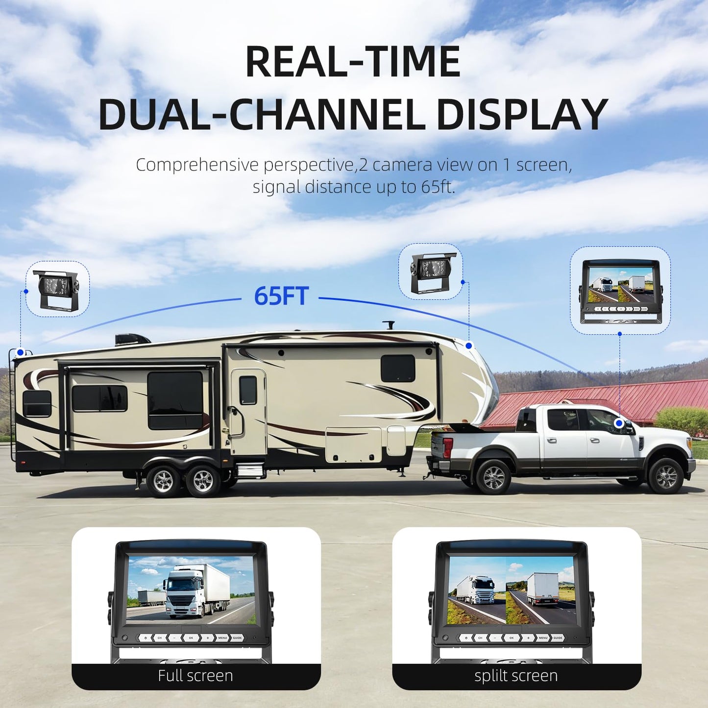 Tulakeey 7'' Wired Backup Camera System with DVR Recording, 1080P HD Monitor & IP69 Waterproof RV Rear View Camera, Loop Recording, Split Screen, 12V-24V