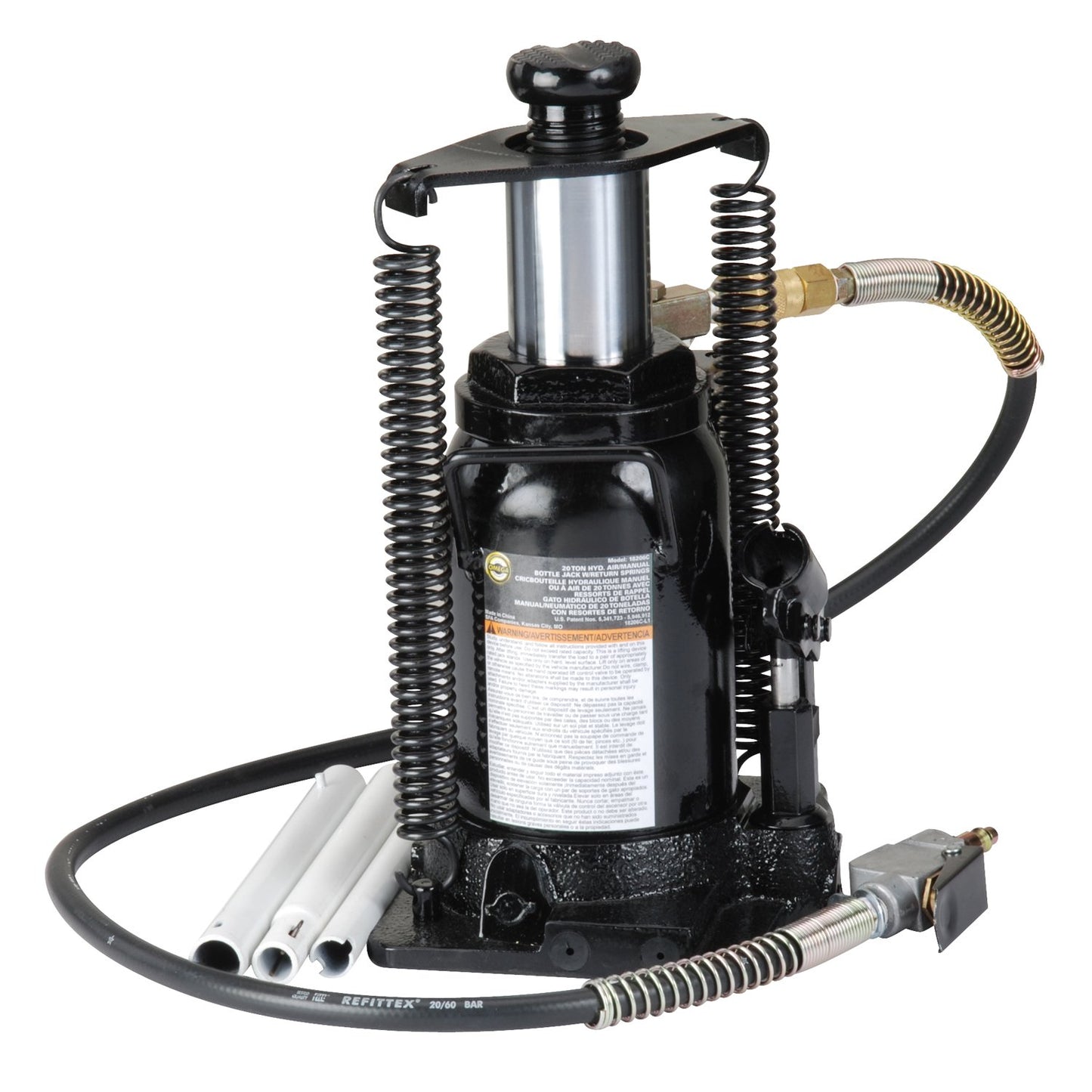 Omega 18206C Black Hydraulic Bottle Jack with Return Springs - 20 Ton Capacity