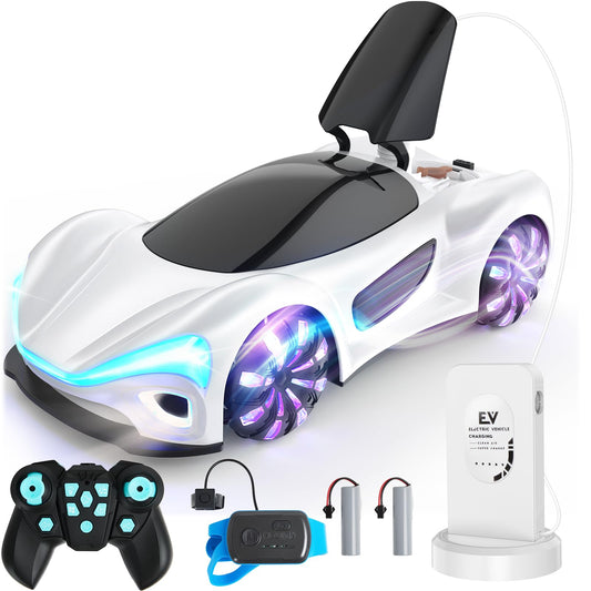 SIMREX Gesture Sensing Remote Control Car with Charging Dock - 360° Rotate Drift RC Stunt Car Toy, 40 Min Playtime, Dual Control, Spray Mist & LED Lights, Birthday Gift for Kids Boys Girls（White）