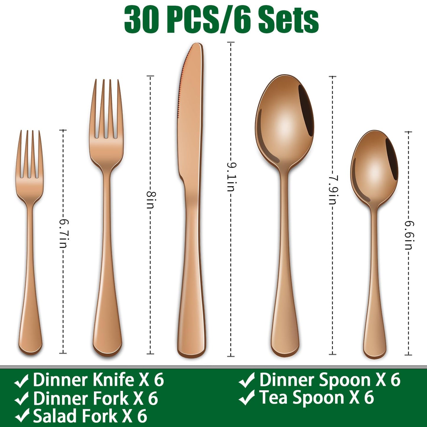 Rose Gold 30-Piece Flatware Sets Service For 6,Pink Silverware Set Includes Knife Spoon And Forks Eating Utensils Sets For Kitchen,Metal Cutlery Set Tableware Sets