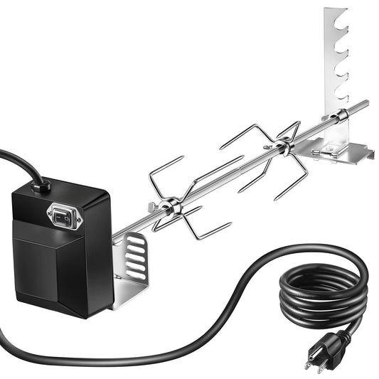 Dreyoo Universal Rotisserie Grill Kit, 360° Automatic Rotating Rotisserie Kit with 120V 4W Motor, 28'' Spit Rod, 2 x 4 Forks, Complete Holders and Fixing Screw for Backyard Camping Grills