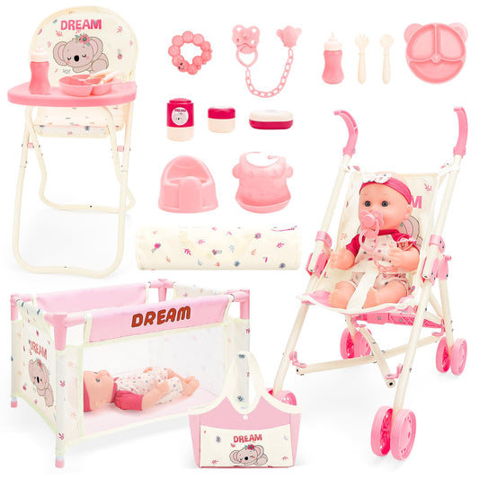 deAO Baby Doll Stroller Toys with 12" Baby Doll Accessories Crib Bed High Chair Nursery Role Play Set Play Mat,Travel Cot,Bouncer,Foldable Stroller,Travel Bag, Birthday Gifts for Toddlers Girls Boys