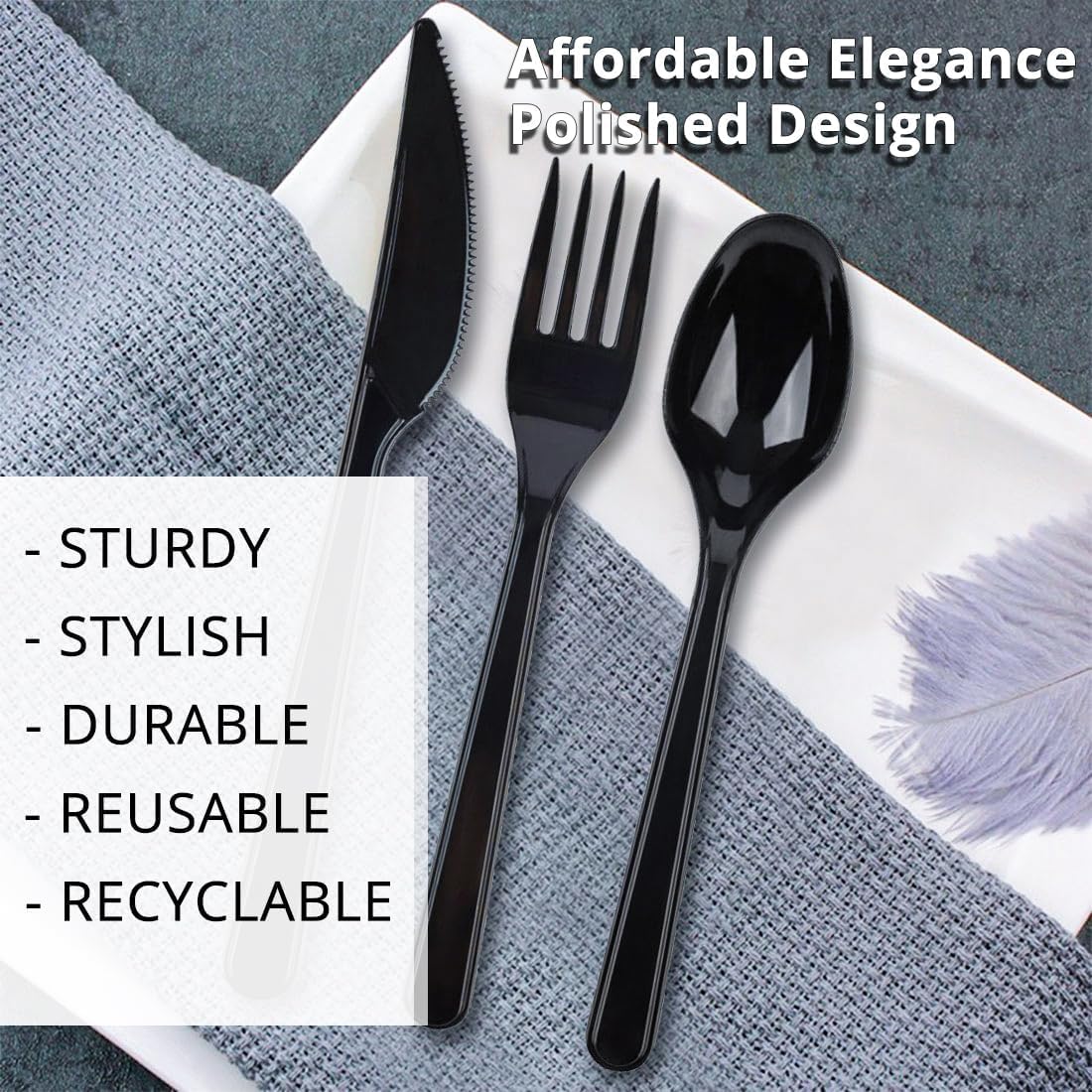 PARTY BARGAINS Onyx Settings Black Plastic Cutlery Set 720‑Piece – 360 Forks, 240 Spoons, 120 Knives – Heavy‑Duty Disposable Utensils for Parties, Weddings, Buffets, BBQs & Catering – BPA Free