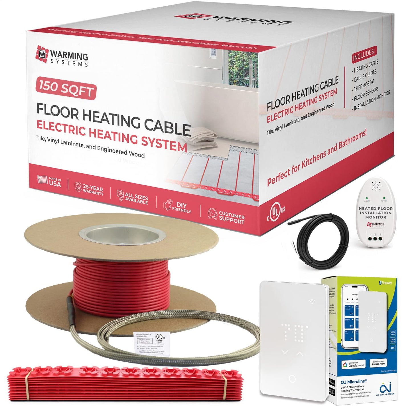 Warming Systems - 150 Sqft Electric Radiant Floor Heating Cable Kit – 120V Heated Tile Floor System with UWG5 Programmable Thermostat, Sensor, Installation Monitor & 25 Year Warranty, Made in the USA