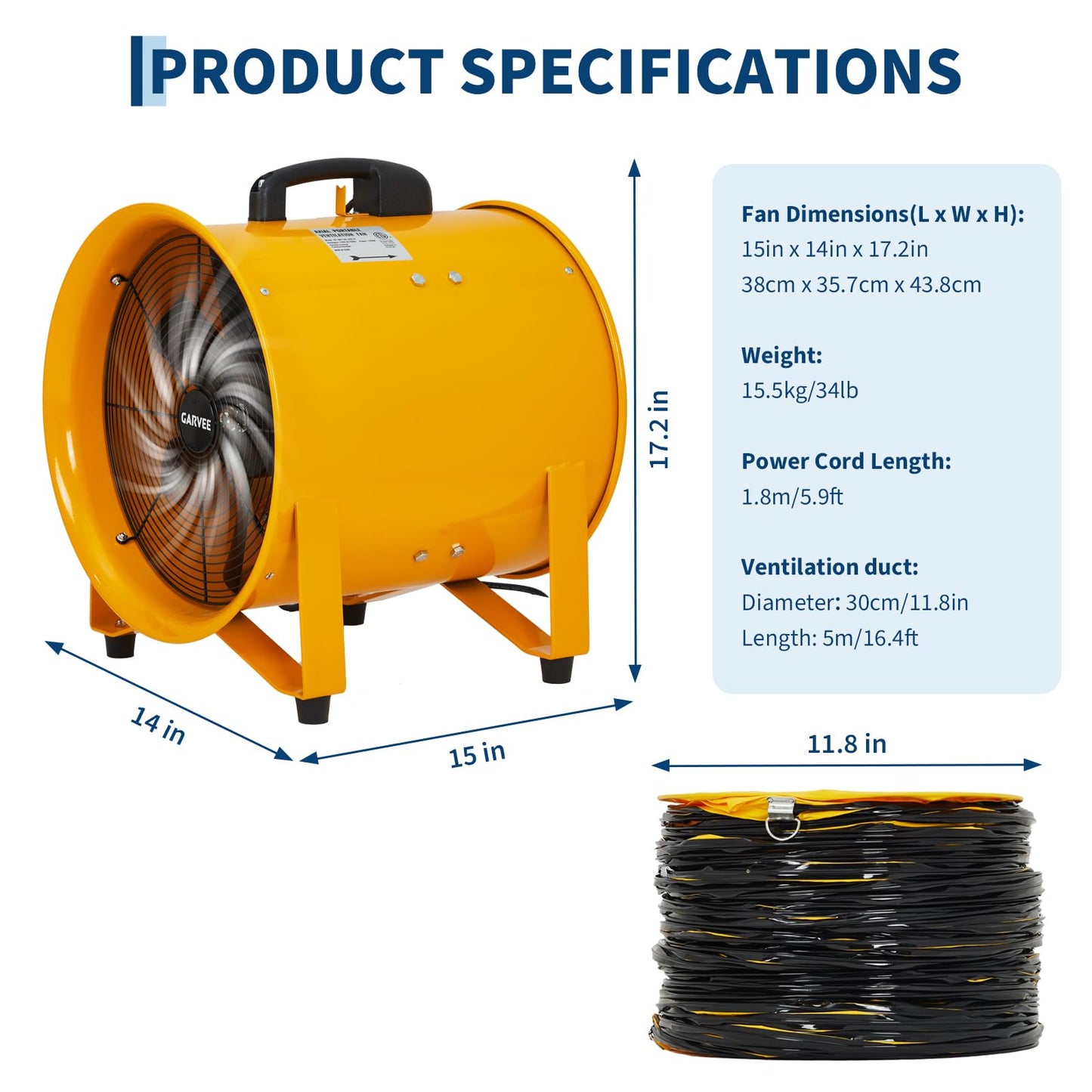 ExploreHorizon 12 Inch Air Mover Blower Fan, 3500 CFM Heavy Duty Industrial Exhaust Fan with 16.4 ft Flexible Duct, Low-Noise Portable Blower Exhaust Fan for Construction, Workshops