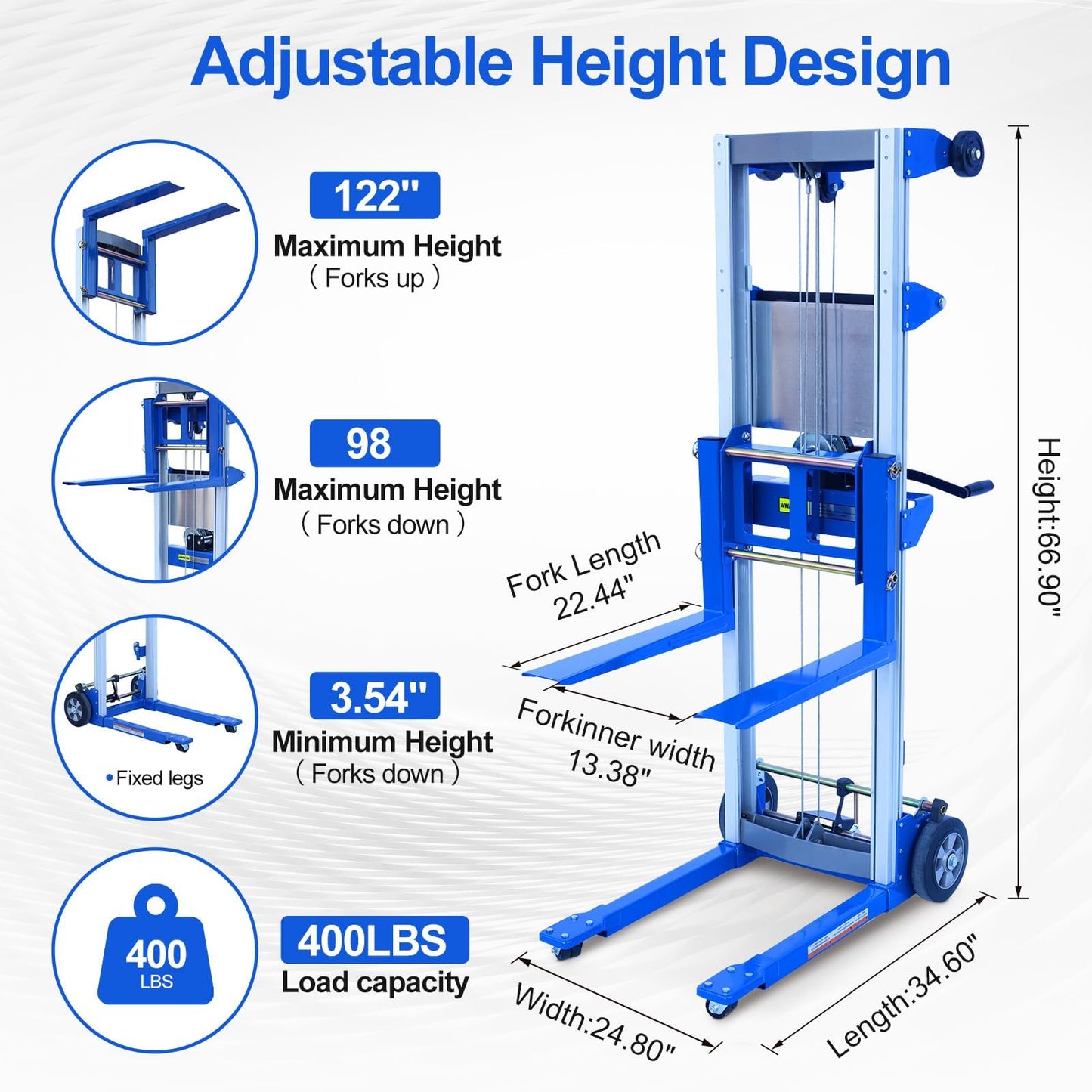 ELOMBR 122" 400lbs Material Lift Winch Stacker, Hand Winch Lift Truck with Fixed-Leg, Manual Material Lifter Pallet Stacker for Contractor, Workshop, Industrial, 34.60"L x 24.80"W