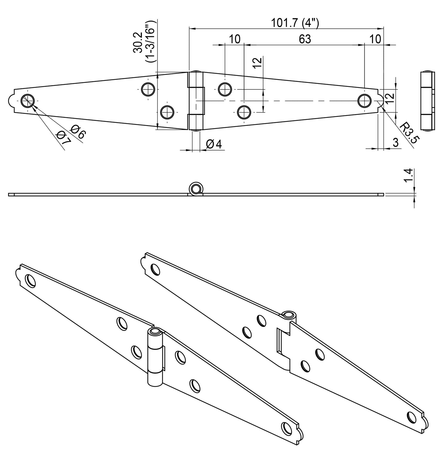 QCAA Light Strap Hinge, Steel, 2-Layered Powder Coated, 4", Elegant Frosted Matte Black, 12 Pack, Made in Taiwan