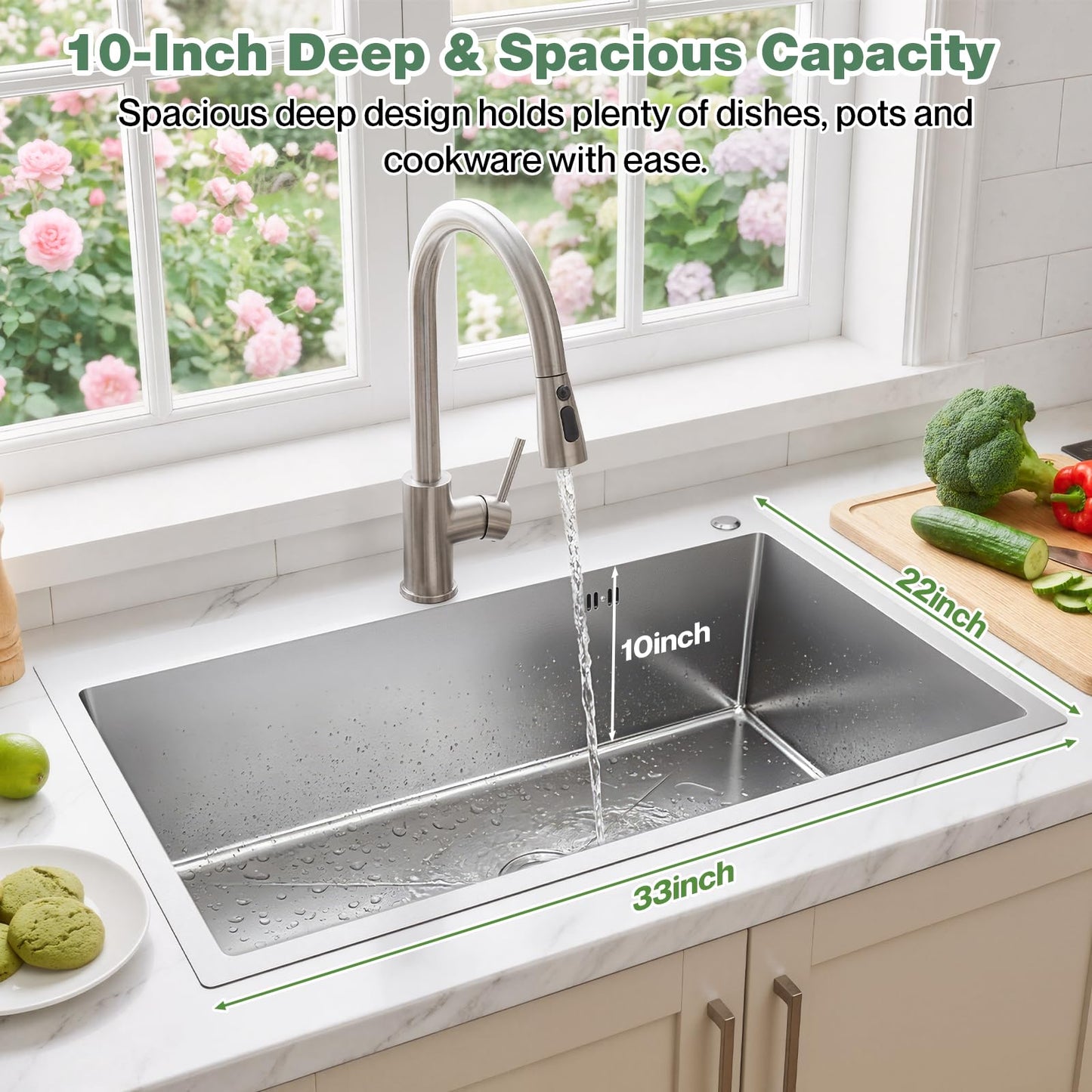 Vivrhintty 33x22 Inch Topmount or Drop In Kitchen Sink Worktation 16 Gauge Stainless Steel Single Bowl Kitchen Sink with Drainpipe, Silver