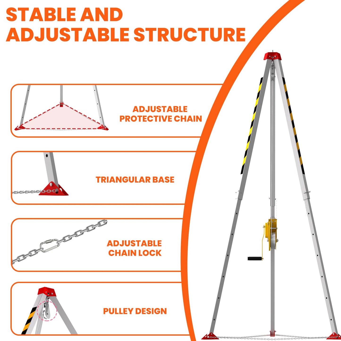 Confined Space Tripod Kit, 3000 Lbs Winch, Steel Confined Space Rescue Tripod with Adjustable 7' Legs & 98' Cable, 33' Fall Protection/Harness/8' Protection Chain, Safety Self-Locking Device