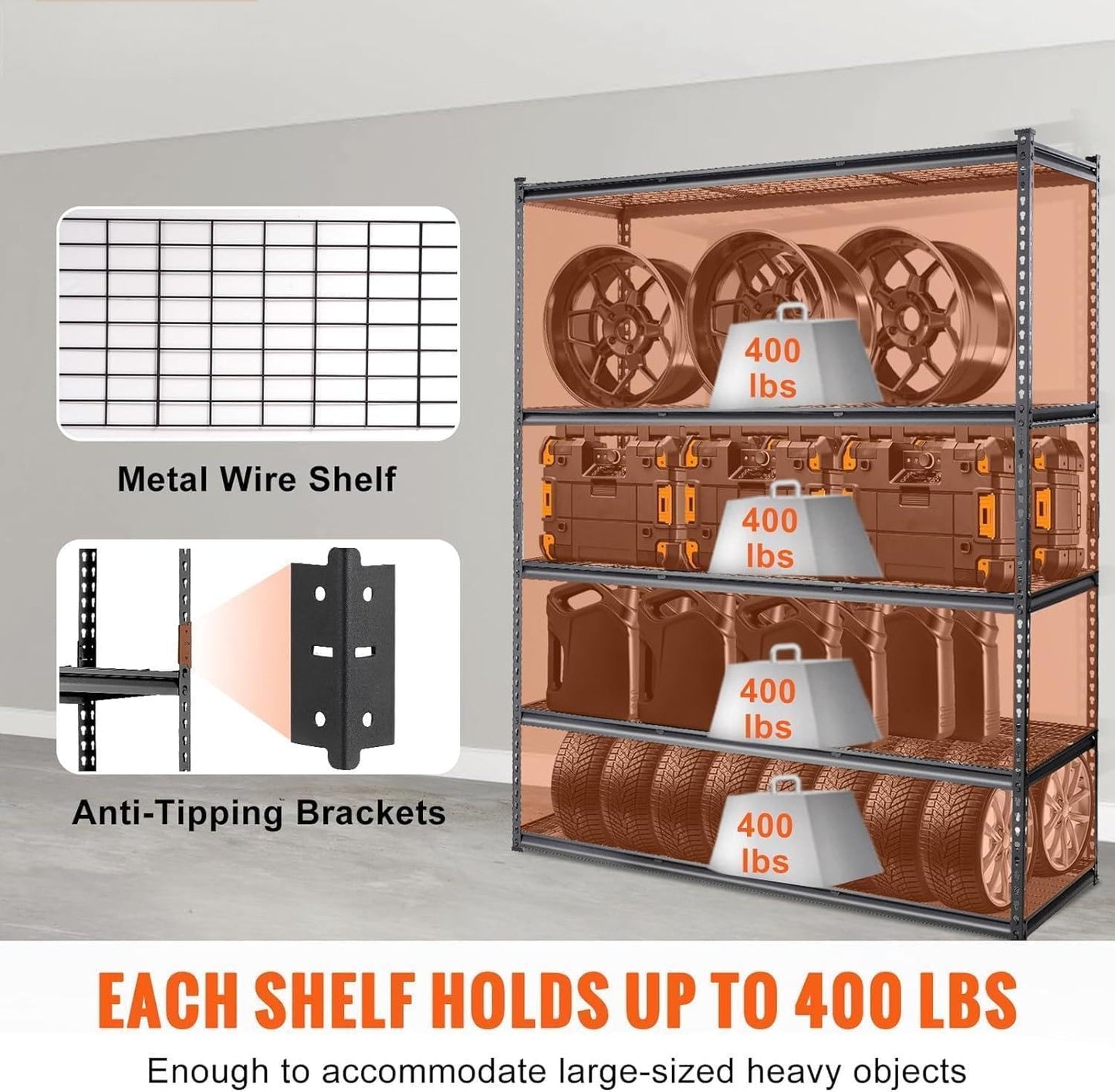 ExploreHorizon 2500 Lbs Capacity Heavy Duty Garage Shelving, 48x24x72 Inch 5-Tier Metal Wire Shelves, Adjustable Industrial Storage Rack for Garage, Basement, Warehouse Organization