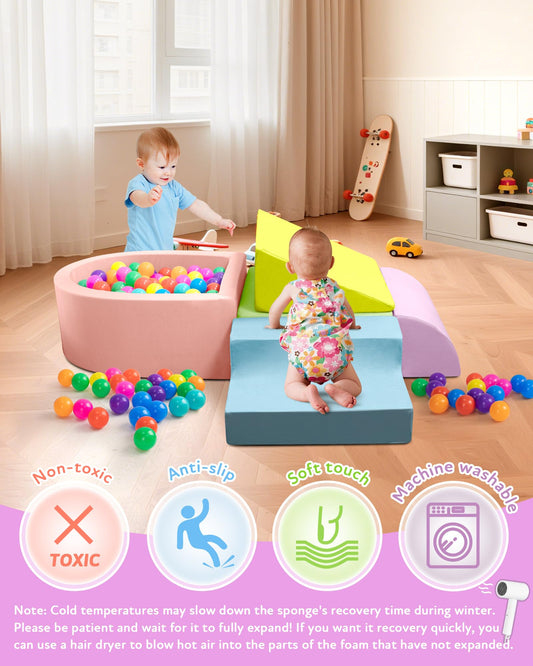 Auksay Baby Climbing Blocks, Soft Play Set for Crawling Baby 6-12 Months, Anti-Slip Particles Bottom & Velcro Connectors, High-Density Foam Gym with Soft Fabric Cover (Balls not Included)(Colorful)