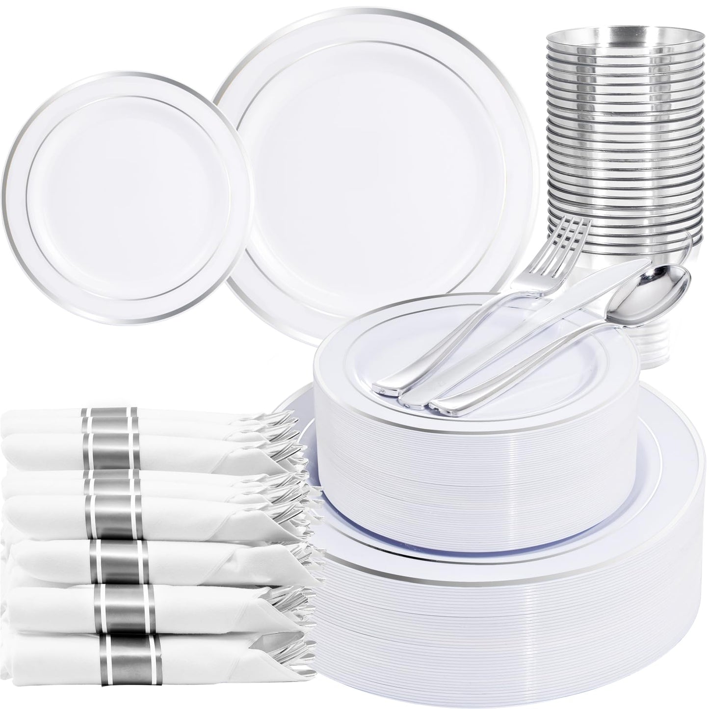 WELLIFE 210 Piece Silver Plastic Dinnerware Set for 30 Guests, Plastic Plates for Party, Include: 30 Dinner Plates, 30 Dessert Plates, 30 Pre Rolled Napkins with Silver Silverware and 30 Silver Cups