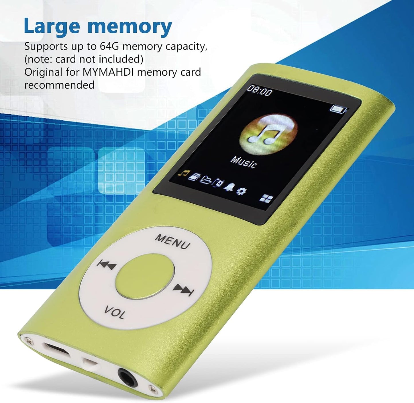 Dan&Dre MP3 1.8 Inch 64G Player, LCD Slim Portable Music Player with Lossless Sound, Aluminum Alloy, Expandable (Green)