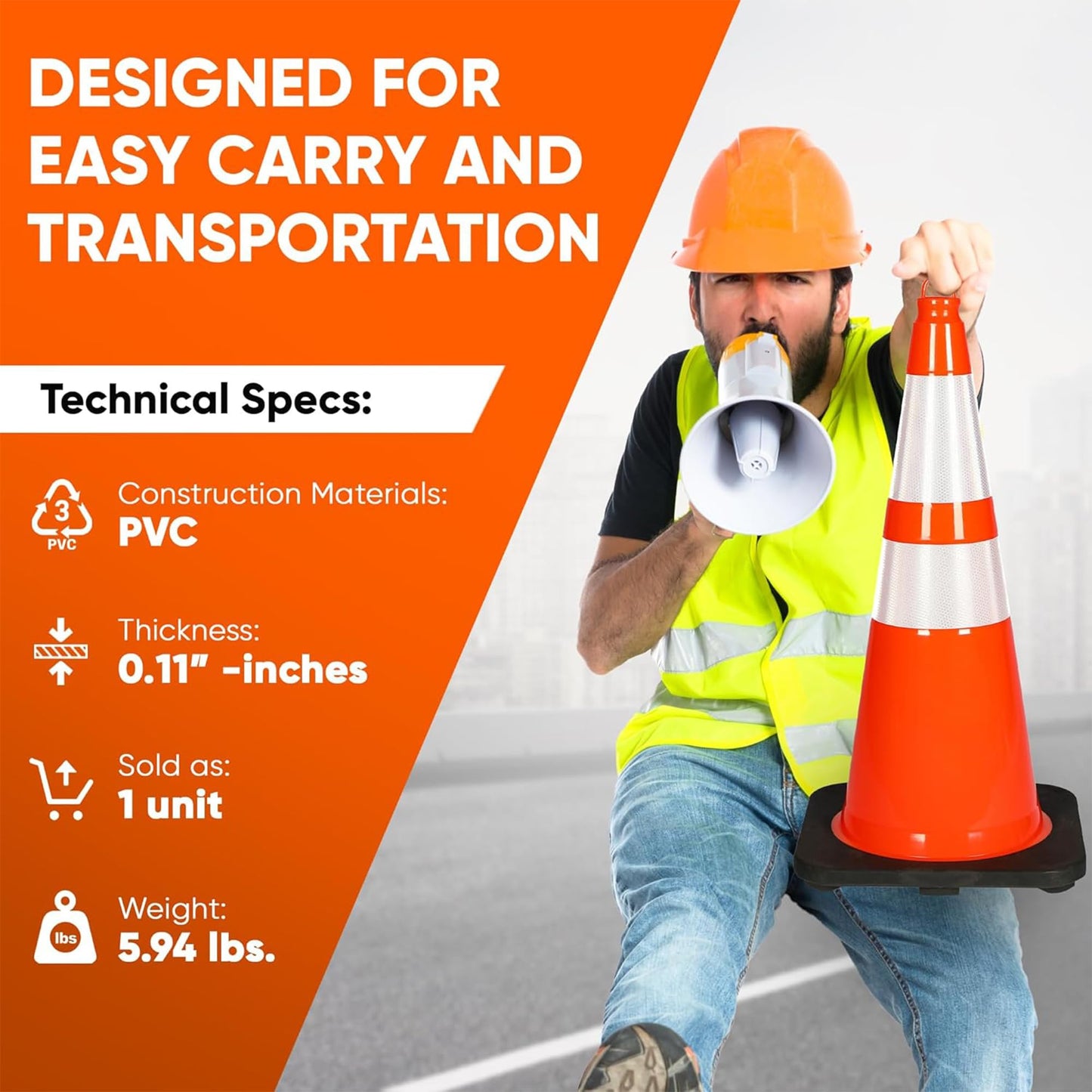Pyle 28" Traffic Cones, 10-Pack High-Visibility Safety Markers for Roadwork, Parking Lots, Sports Training, and Construction Zones, Durable Orange PVC Cones with Stable Heavy-Duty Base