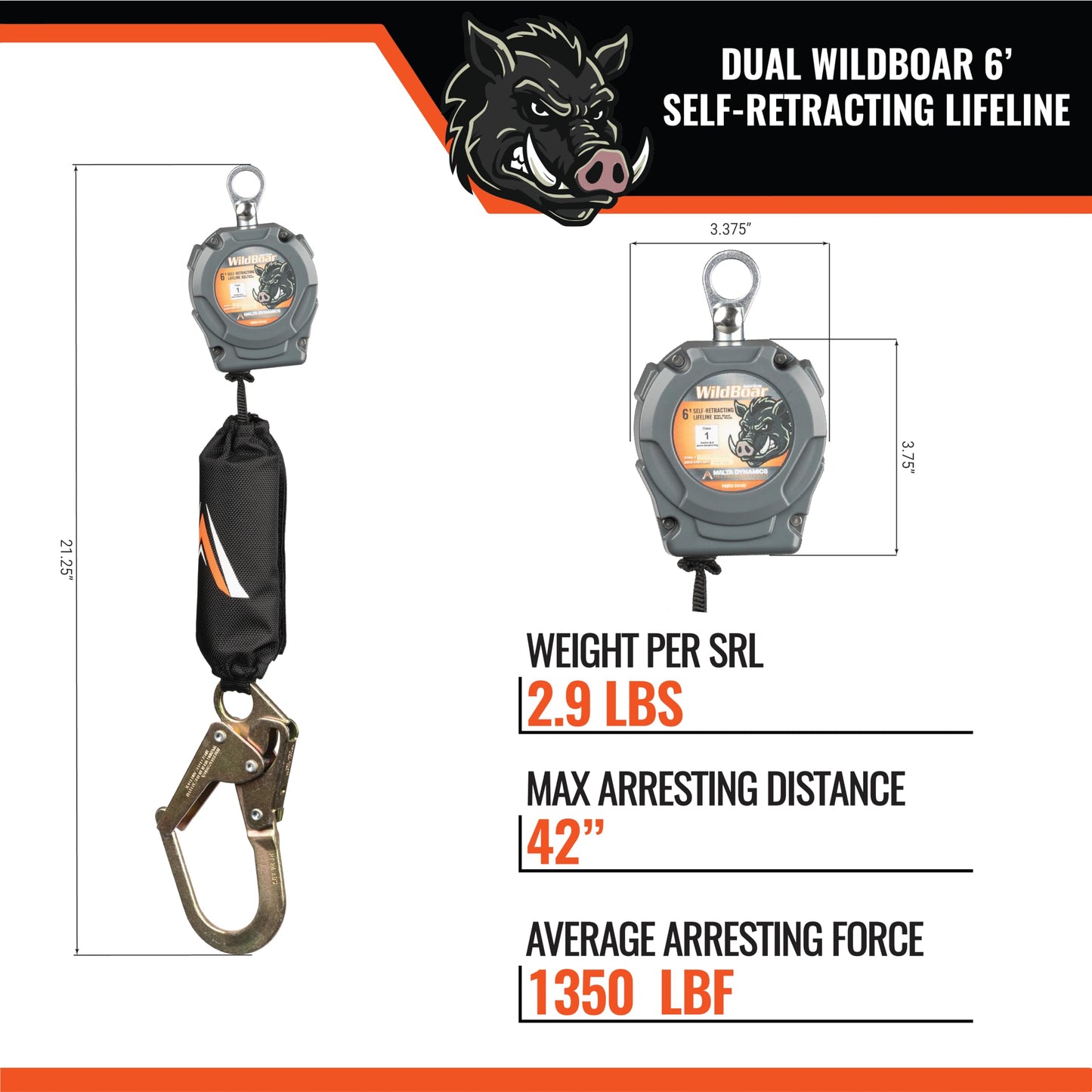 Malta Dynamics Wild Boar 6’ Dual Self Retracting Lifeline – SRL Fall Protection Lanyard with Rebar Hook for Construction Site Safety, OSHA and ANSI Compliant
