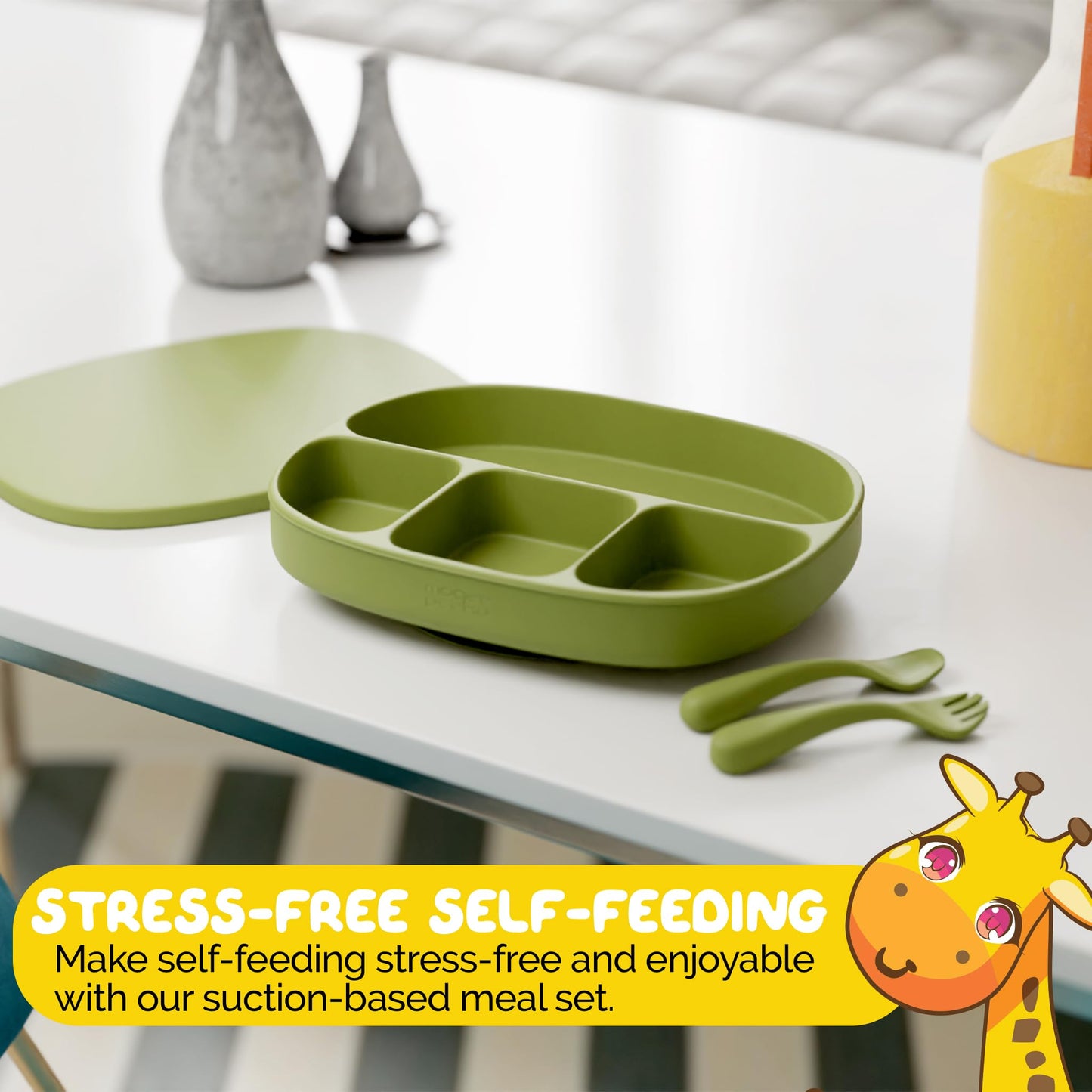 Muqee Peeko Toddler Necessities Baby Feeding Essentials Set for Baby in Green Color with Baby plates with Suction and Silicone Utensil Set - (3 Pieces)