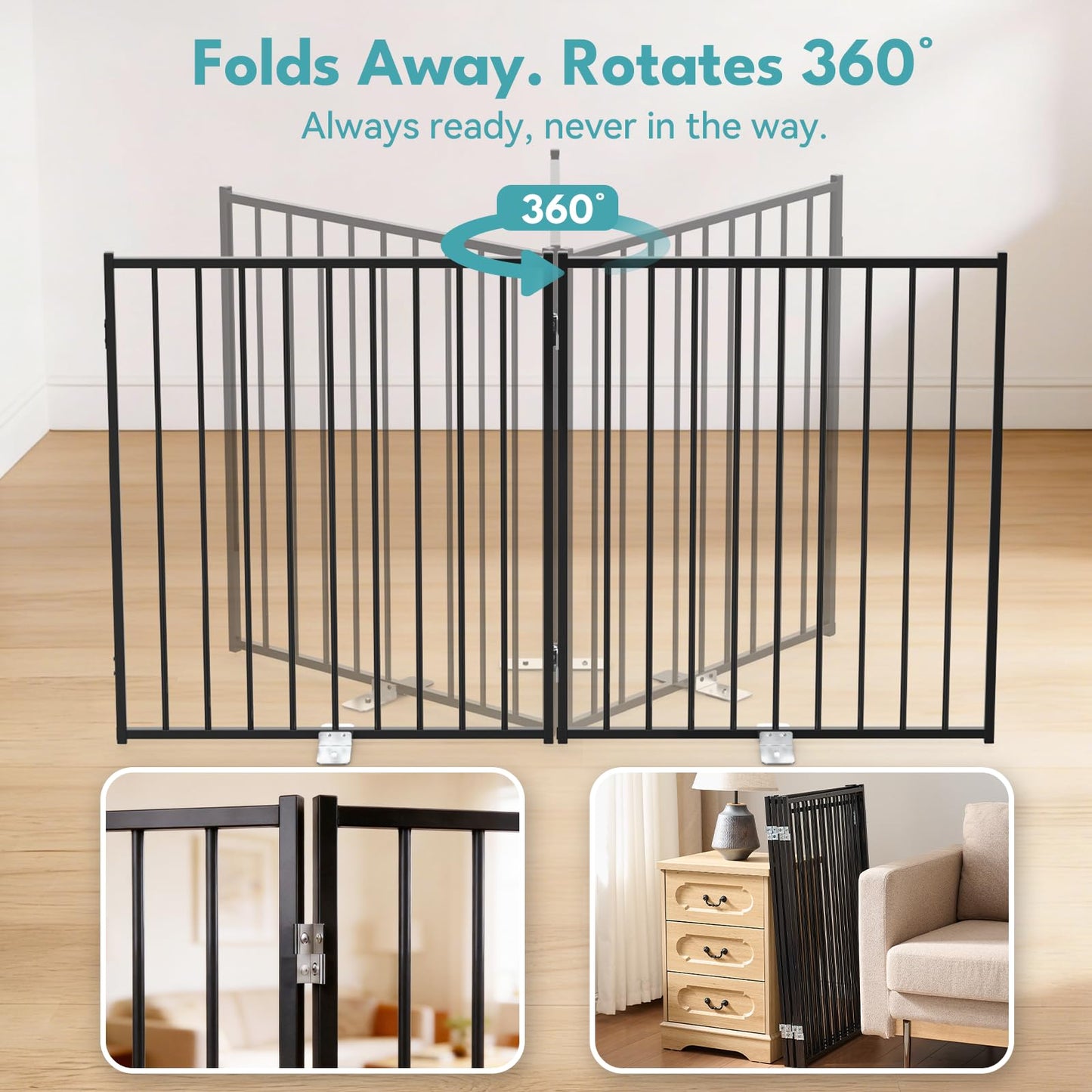 No Pawblems Free Standing Dog Gate with Door, 30'' Tall Foldable Dog Fence for Indoor & Outdoor, Up to 156 Inch Extra Wide Pet Gate for Yard, Deck, Doorways, Stairs, Hallways (Black, 6 Panels)