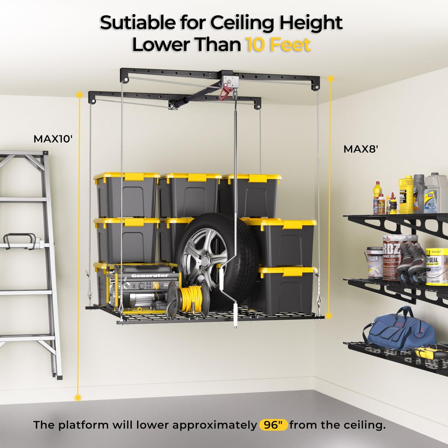 KOKORACKER Garage Ceiling Storage Rack, 4x4 Ft Adjustable Overhead Garage Storage Rack Lift, Heavy-Duty Ceiling Mounted Storage Lift System for Garage Organization, 250lbs Weight Capacity