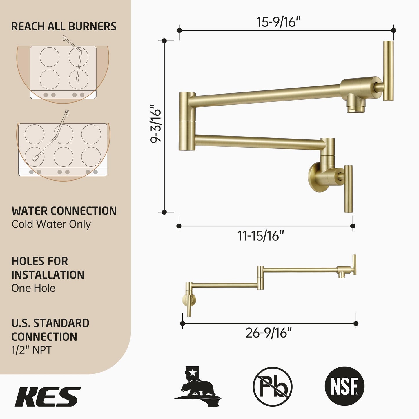 KES Gold Pot Filler with Heat-Resistant Cartridge, 26" Brushed Gold Pot Filler Faucet Over Stove, Wall Mount Kitchen Faucet Double Joints, Stainless Steel, NSF Certified, KN927LFF18-BZ