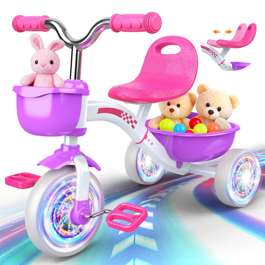 Kkdi Toddler Tricycle for 1-3 3-5 Year Olds, 2 3 4 5 Year Old Girl Birthday Gifts, Purple Toddler Baby Bike, 4-Level Adjustable Seat, 3 Color Light Wheels, 2 Baskets, Outdoor Riding Toys for Ages 2-4
