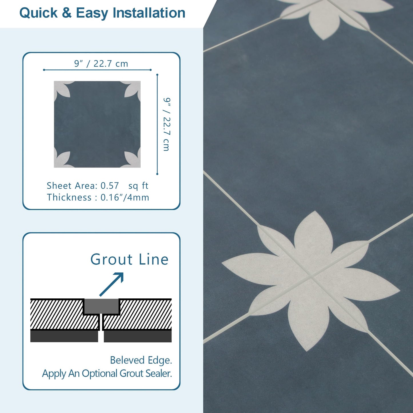 INNO STCIEKRS 16-Sheet Peel and Stick Floor and Wall Tile for Bathroom Kitchen, 9" x 9" Blue Flower SPC Self-Adhesive Vinyl Flooring Patterned Groutable Backsplash Tile, Covers 9.12 Sq Ft.