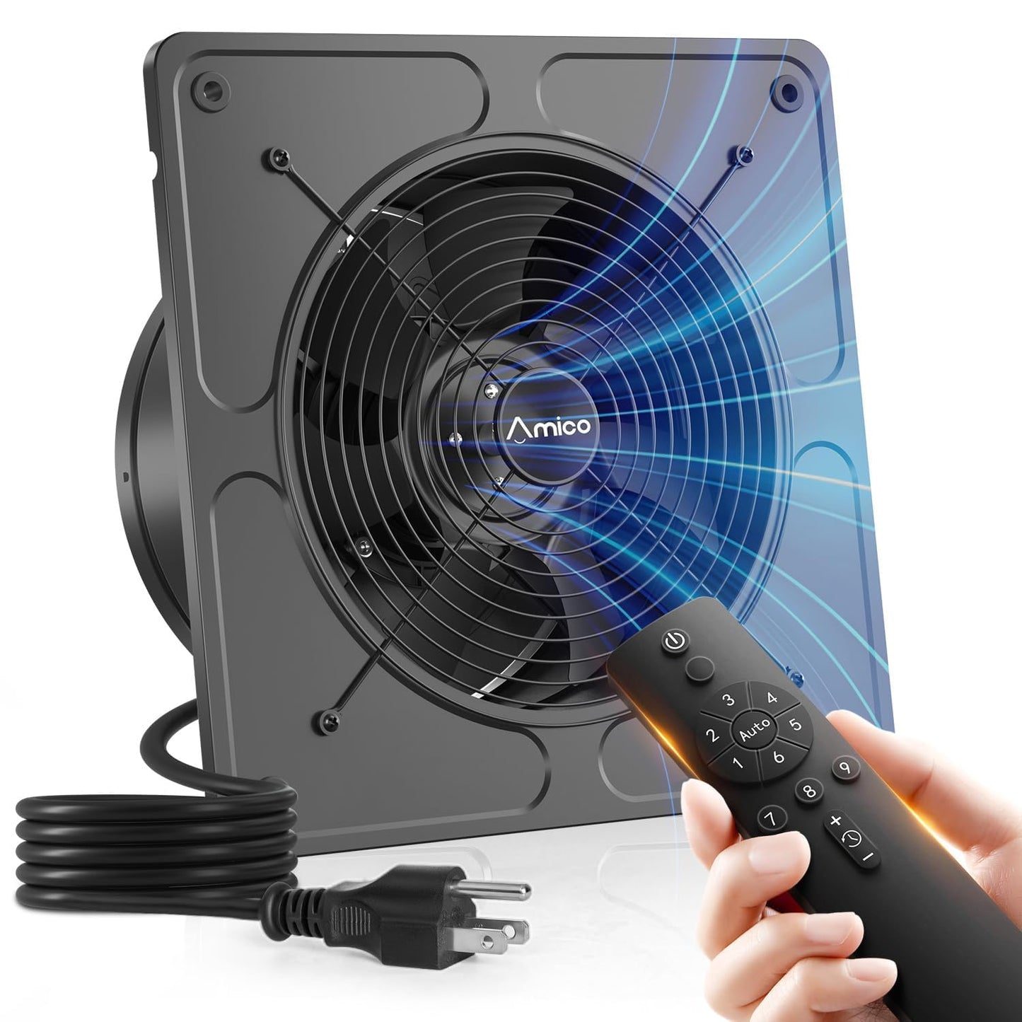 Amico 10" Kitchen Exhaust Fan with Remote, 1038 CFM High Airflow Extractor Fan, Energy Efficient 50W EC Motor Ventilation Fan for Garage, Attic & Greenhouse, 9-Speed, Timer, Low Noise 55dB, FCC, Black