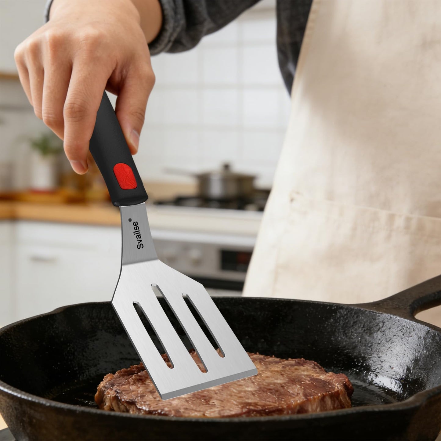 Svailse 2Pcs Stainless Steel Spatula Set, Metal Turners for Kitchen Use, Metal Cooking Utensils for Cast Iron Skillet with Silicone Handle, Spatula Flipper for Frying Egg, Brownie, Cookies or Pancake