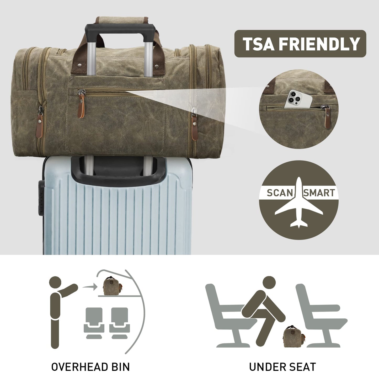Wildroad Waxed Canvas Duffle Bag - 50L Waterproof Weekender Overnight Travel Bag