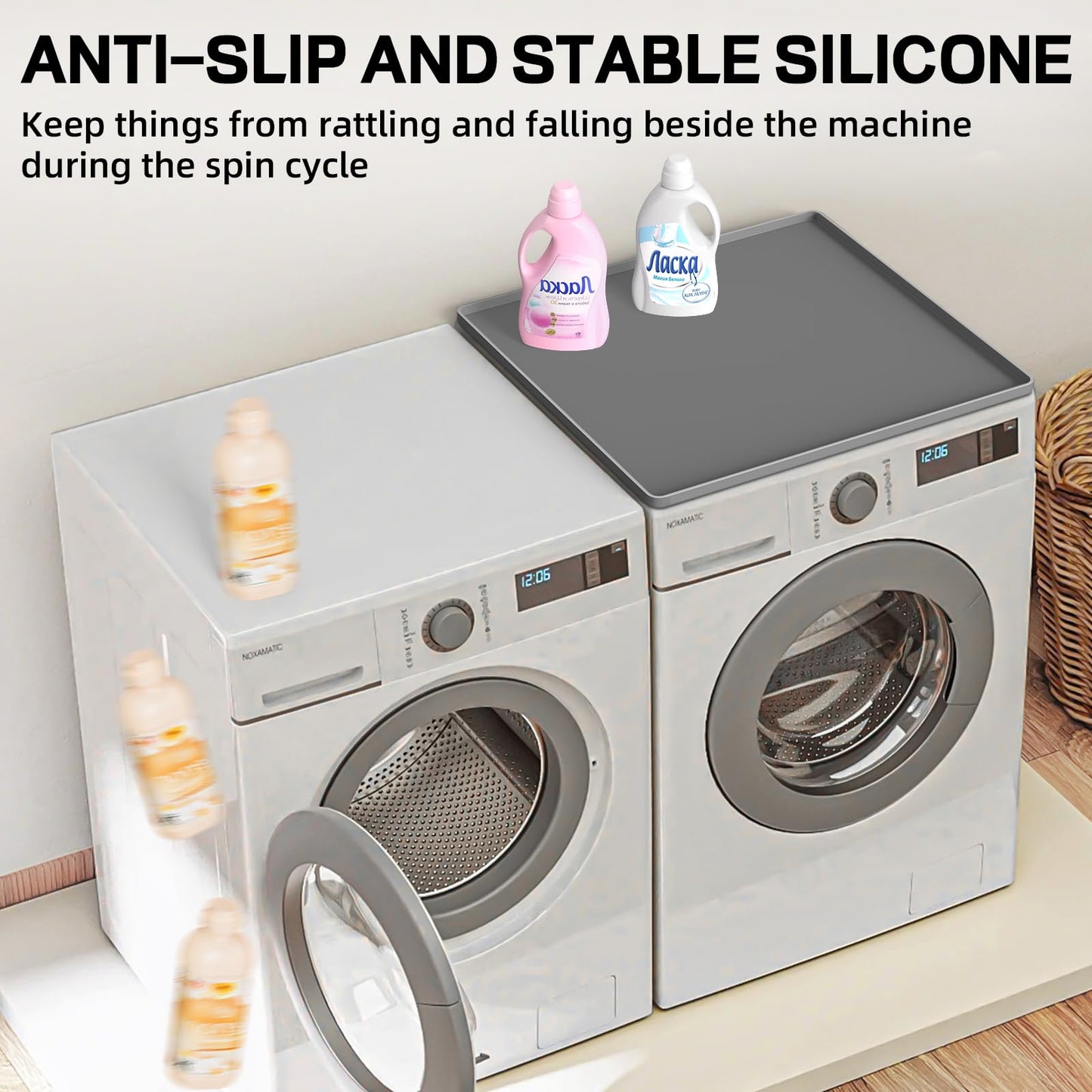 NAMTSO 2 Pack Washer and Dryer Covers Rubber Mat - 27x27 Inch Soft Silicone Tray, Front Load Washer Dryer Topper for Laundry Room, Waterproof Cat Litter Mat, Non-Slip Shoe Mat for Home, Gray