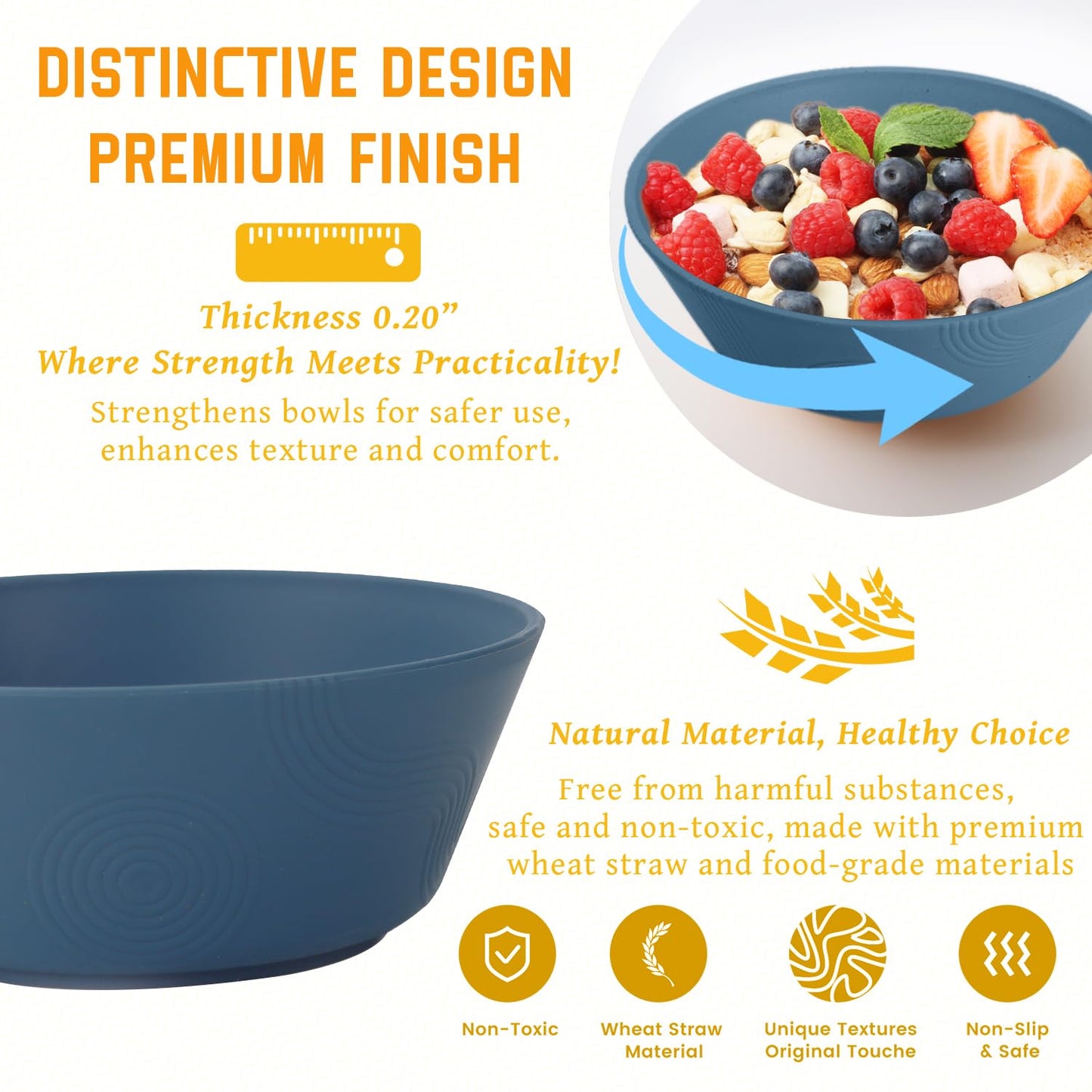 Homienly Wheat Straw Bowls, Unbreakable Soup Bowls Set of 6, Alternatives Plastic Bowls Microwave Safe, Dishwasher Safe Stackable 36oz Large Cereal Bowl for Kitchen, Camping, Serving (Navy Blue)