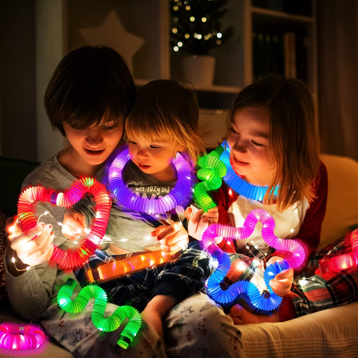 Glow Sticks Camping Essentials for Toddlers-6 PCS,Light Up Pop Tube Wand Toys Gifts for Kids,LED Bracelet Necklace Party Accessories,Fun Summer Outdoor Camp Games Activities Gear Stuff for Boys Girls