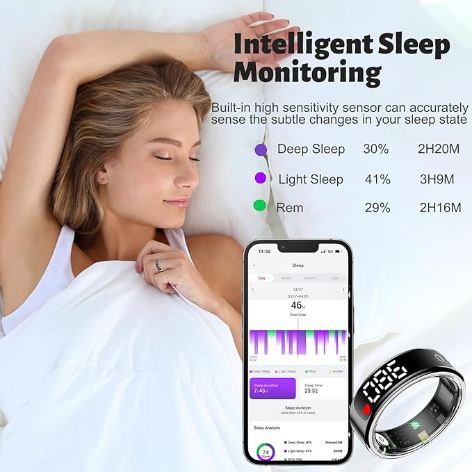 Smart Health Ring for Women Men, Smart Ring Fitness Tracker for iOS Android, Heart Rate, Blood Oxygen, Blood Pressure, Sleep Monitoring,5ATM Waterproof, No Subscription Fee (Silver, 9#)