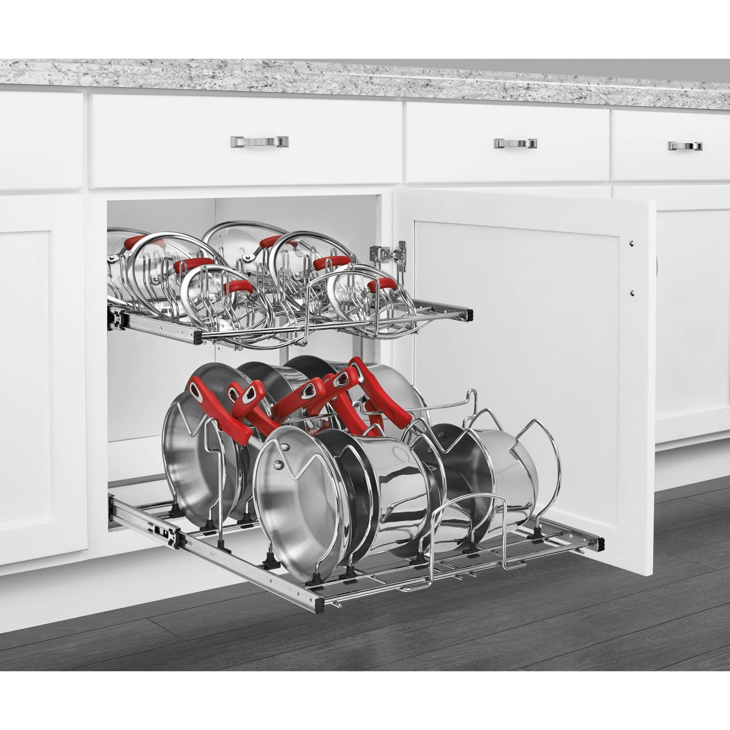 Rev-A-Shelf 2-Tier Kitchen Cabinet Pullout 20.75" Cabinet Organizer for Pots, Pans, and Lid Cookware, Adjustable Heavy Duty Wire, Chrome, 5CW2-2122-CR
