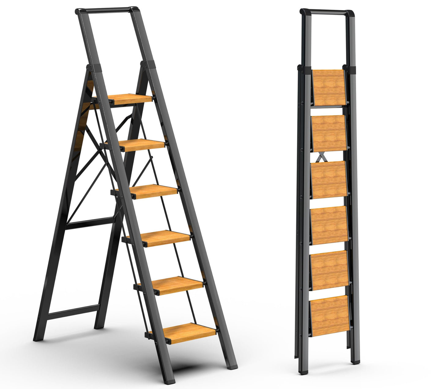GameGem 6 Step Ladder for 12 Feet High Ceiling, Lightweight Aluminum Folding Step Stool with Convenient Handgrip, Stepladders with Anti-Slip and Wide Pedal for Home Use Space Saving - Black+Woodgrain