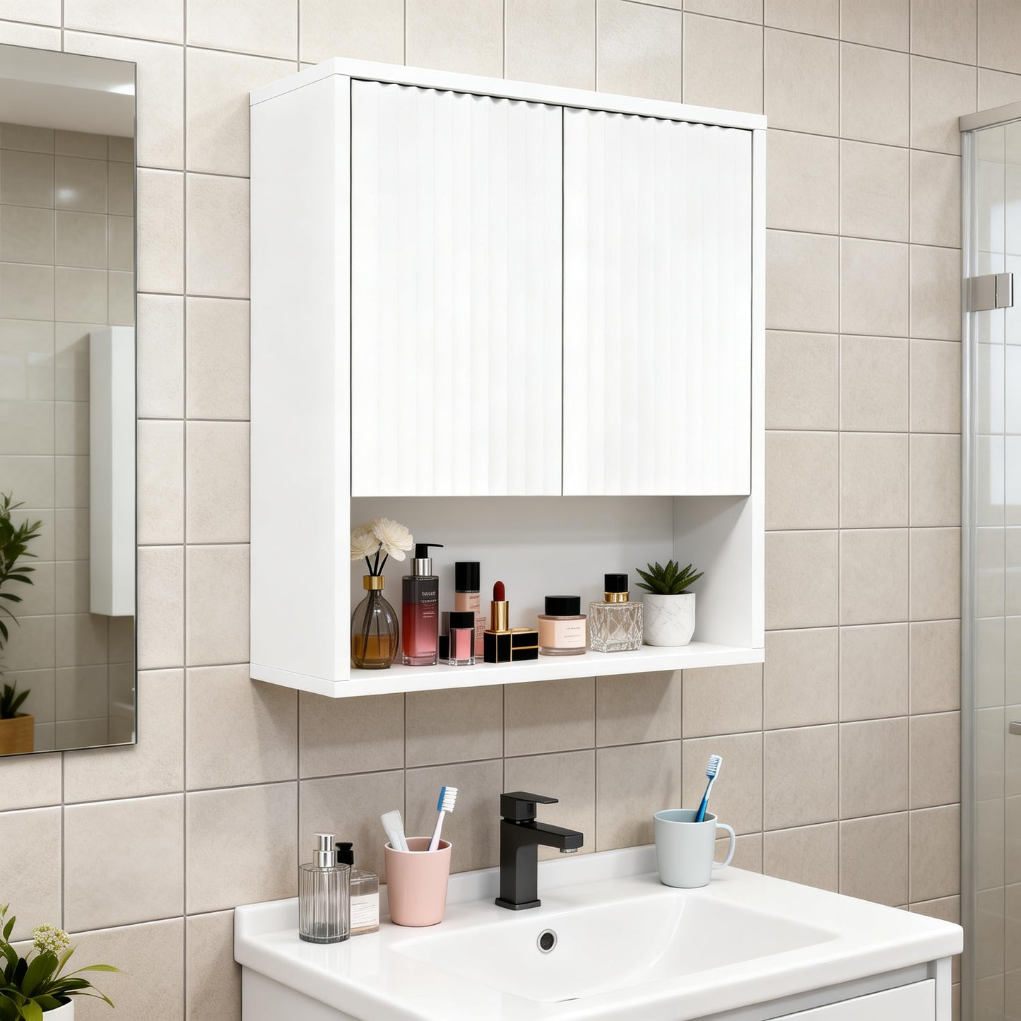 Over the Toilet Storage Cabinet, Fluted Bathroom Wall Cabinet, 23.6"Wx8.9"Dx28.7"H Bathroom Storage Cabinet with Adjustable Shelf, Wall Mounted Floating Organizer for Bathroom Kitchen Laundry, White