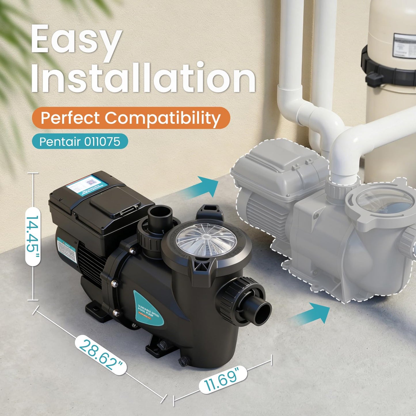Vidapool Variable Speed Pool Pump, In/Above Pool Pump with Filter Basket, 1.5 HP, 115V, 7920GPH