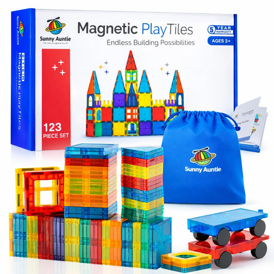 SUNNY AUNTIE Magnetic Tiles 123 PCS with 2 Cars & Storage Bag – Magnetic Building Tiles STEM Toy for Kids Ages 3-8, Magnet Construction Set for Boys & Girls