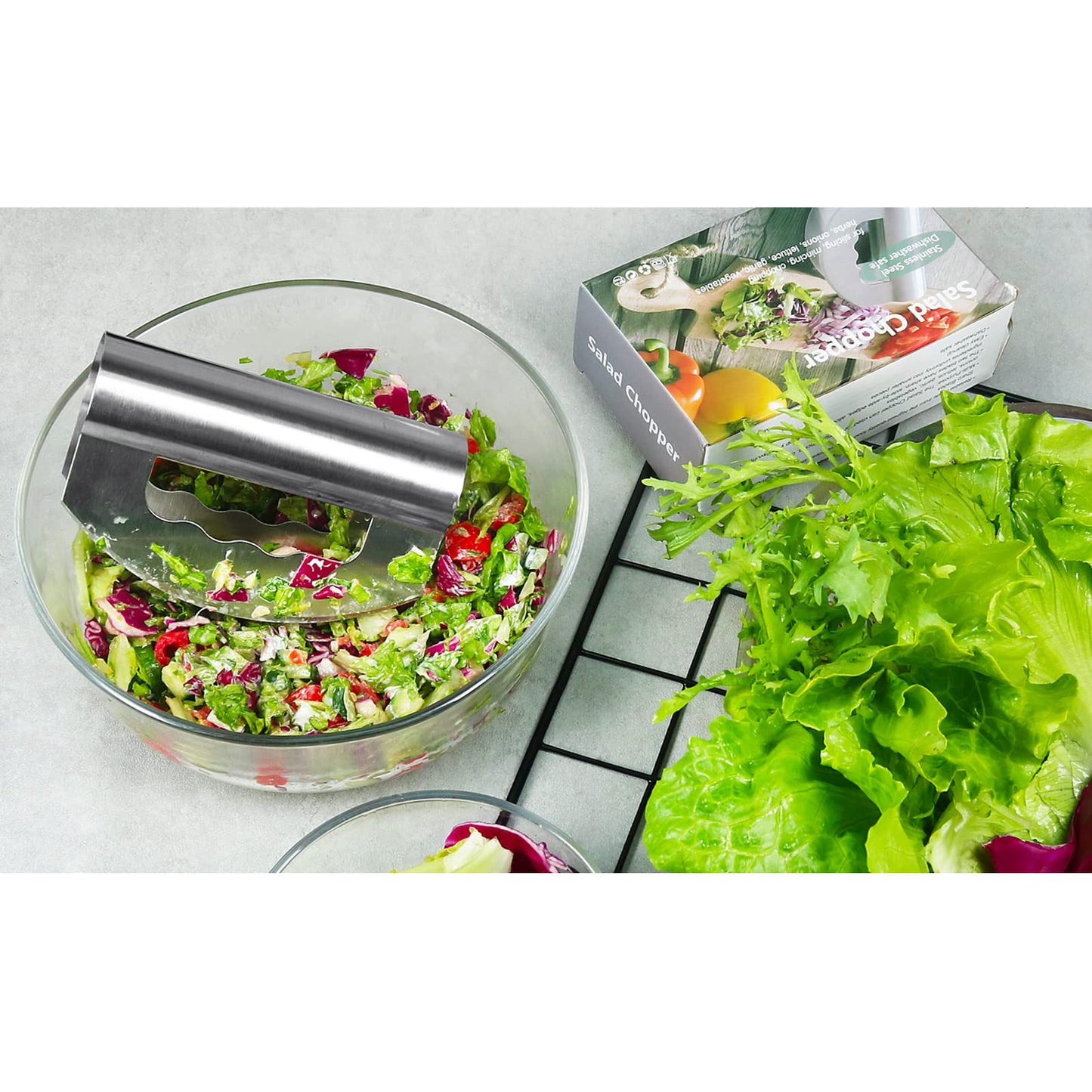 Salad Knife Chopper with Protective Cover - Stainless Steel Salad Cutter, Double Blade Chopping Knife, Mezzaluna Salad Chopper for Salad and Vegetable Mincing