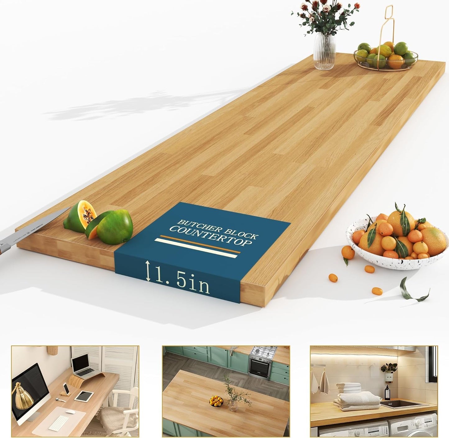 Koby Home 60x25 inch 1.5" Thick Butcher Block Countertop, 5ft 1.5" Unfinished Solid Birch Wood Table Top DIY Wooden Board for Kitchen Island Dining Room,Washer Dryer Workbench, Standing Desk