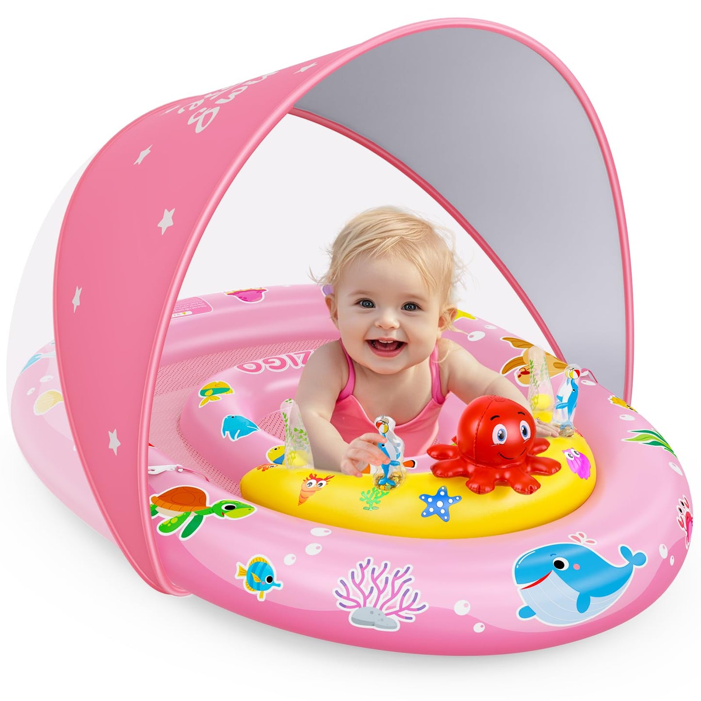 EZIGO Baby Pool Float with Canopy UPF50+ Sun Protection, Inflatable Kids Pool Floats with Ocean Animal Toys for Baby 6-36 Months, Infant Swimming Float with Adjustable Safety Seat for Boys Girls Pink