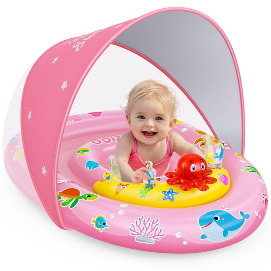 EZIGO Baby Pool Float with Canopy UPF50+ Sun Protection, Inflatable Kids Pool Floats with Ocean Animal Toys for Baby 6-36 Months, Infant Swimming Float with Adjustable Safety Seat for Boys Girls Pink