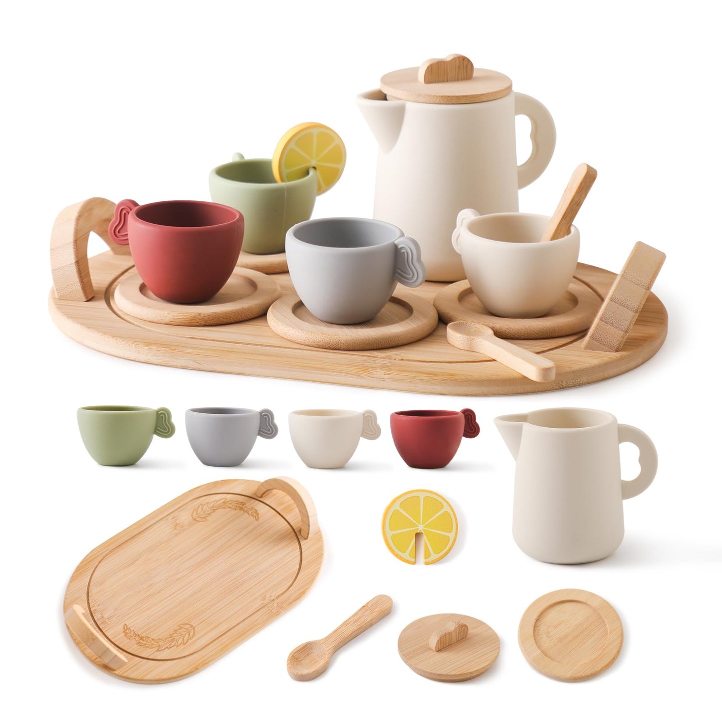 Youuys Wooden Tea Party Set for Toddler 3-5,Kids Tea Sets for Little Girls 4-6, 14pcs Silicone Kitchen Accessories, Pretend Play Montessori Toys with Tray for 3 4 5 6 Year Old Birthday