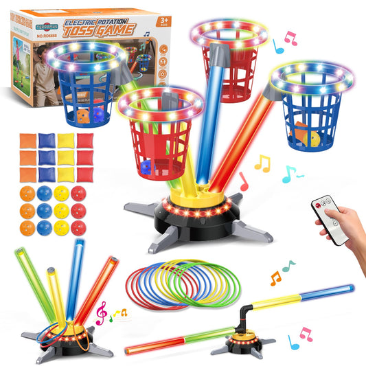 TERRAMUS 3 in 1 Bean Bag Ring Toss Game for Kids, Rechargeable Musical Jumping Games w/LED Light & Remote, Electric Spinning Base, Sandbags, Rings, Carnival Indoor Outdoor Sport Toy for 3+ Boys Girls